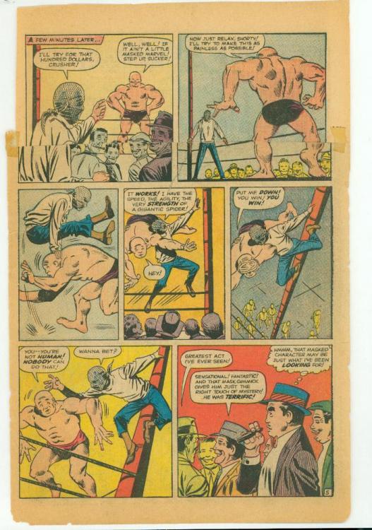 Back Cover Scan: AMAZING FANTASY #15&nbsp; "ORIGINAL PAGES 5 & 6 FROM THE VERY FIRST SPIDERMAN ORIGIN STORY- NOTE: TOP 3 PANELS OF EACH PAGE IS A MARRIED REPRINT PAGE--- BUT THE BOTTOM 5 PANELS ARE ORIGINAL"