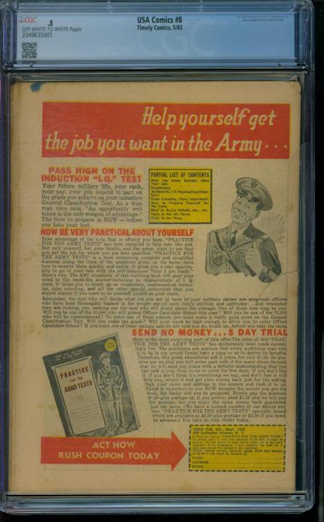 Back Cover Scan: USA COMICS #8&nbsp; "RARE schomburg WW II BOOK"